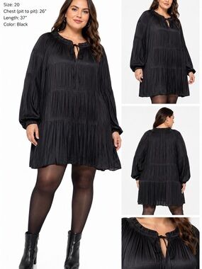 Ulla Popken Black Pleated Satin Effect Tunic Dress Size 20 Boho Minimalist